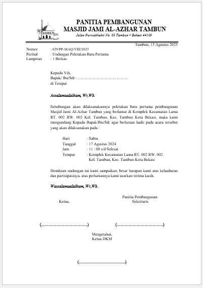 Contoh Surat Undangan Rapat DKM Masjid Ms. Word