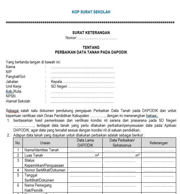 Contoh Format Surat Keterangan Kepala Sekolah Untuk Update Sarpras Dapodik 2027 File Word Doc